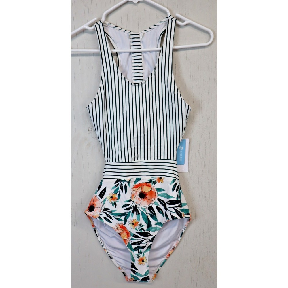 Cupshe One Piece Womans Bathing Suit Size M Tummy Contouring‎ New Floral Striped